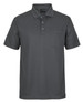 A grey polo shirt with a textured fabric, featuring a collar, buttons, and a chest pocket. It has a logo on the label.