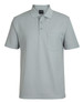 A light grey polo shirt with a pocket, featuring a collar and buttons, and includes a logo.