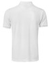 A white polo shirt featuring a collar and short sleeves. It has a logo on the design.