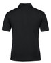 A black polo shirt featuring a collar and short sleeves, with a logo on the back.