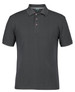 A dark grey polo shirt featuring a collar and three-button placket, with a logo on the chest.