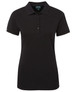 A black ladies' polo shirt with a collar, short sleeves, and a buttoned placket. Features a logo.
