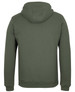 A green 1/2 zip hoodie with a hood, featuring a simple design and a logo on the back.