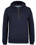 A navy blue 1/2 zip hoodie featuring a front pocket and a drawstring hood, with a logo on the label.