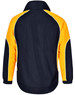 A unisex jacket featuring a navy blue body with vibrant yellow accents, and a logo on the back.