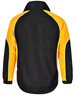 A unisex jacket featuring a black body with yellow and white accents, designed for various outdoor activities.