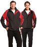 A unisex jacket in black with red accents, featuring a logo. Designed for a stylish and sporty look.