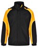 A unisex jacket in black and yellow with a logo, featuring a zip front and high collar.