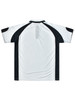 A men's polo shirt in white and black, featuring a logo on the back and a classic collar design.