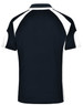 A polo shirt in navy with white accents and a logo, featuring a classic collar and short sleeves.