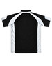 A black and white men's polo shirt featuring a logo, with a short sleeve design and a sporty look.