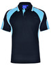 A black polo shirt featuring blue accents and a logo on the collar. Short sleeves with contrasting details.