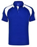 A blue polo shirt with white accents and a logo on the front. Features a collar and short sleeves.
