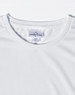 A white men's short sleeve performance T-shirt with a branded label on the neckline.