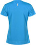 A blue ladies' short sleeve performance t-shirt with a plain back design. Features a logo on the fabric.