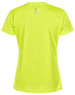 A bright yellow women's short-sleeve performance t-shirt with a logo on the back.