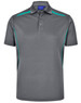 A grey men's sustainable polo shirt with teal contrast accents and a logo on the chest. Short sleeves and a classic collar.