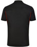 A black men's polo shirt featuring contrast red piping on the sides and a small logo on the chest.