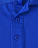 A close-up image of a blue sustainable poly/cotton polo shirt featuring buttons and a collar.