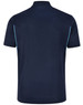A navy blue men's polo shirt with short sleeves and contrasting light blue side accents. Features a logo.