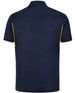 Navy blue men's polo shirt featuring contrast yellow detailing and a logo on the chest.