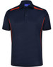 A navy polo shirt with contrasting red side panels and a collar. It features buttons and a logo.