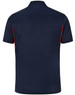 A navy polo shirt with short sleeves and contrast detailing in red. It features a logo on the left side.