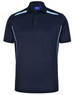 A navy blue polo shirt with contrasting light blue trims and a collar, featuring a logo.