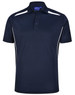 A navy blue sustainable poly/cotton polo shirt with white contrast stripes and a collar. It features a logo.