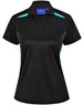 A black women's polo shirt featuring teal contrast accents and a logo on the collar.