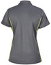 A grey ladies' polo shirt with short sleeves and contrasting yellow accents, featuring a logo.