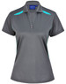 A women's short-sleeved polo shirt in grey with teal contrast detailing and a buttoned collar. Features a logo.