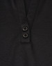 A black polo shirt featuring a V-neck and two buttons, made from sustainable poly/cotton material.