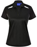A black ladies' polo shirt with contrast white stripes, featuring a collar and three-button placket. It has a logo.