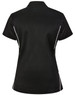 A black ladies' polo shirt featuring white contrast detailing and a logo on the back.