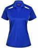 A blue ladies' polo shirt with contrast white detailing and a collar, featuring a logo on the upper section.