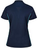 A navy blue women's polo shirt featuring contrasting turquoise side panels and a collar, with a logo on the chest.