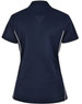 A navy polo shirt with short sleeves and white contrast detailing, featuring a logo on the back.
