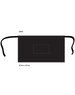 A black short waist apron with ties and a pocket, measuring 85.5cm x 45.5cm. Features a logo on the front.