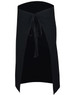 A black short waist apron with a tie closure at the waist, featuring an open front design.