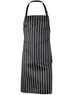 A black and white striped butcher's apron with a neck strap, featuring a logo.