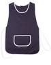 A navy blue ladies' smock with white trim and a front pocket, featuring ties on the sides.