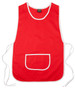 A red ladies' smock apron with white trim and a front pocket, featuring ties on the sides and a logo.
