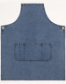 Denim bib apron in blue with a front pocket and metal snaps, featuring a logo.