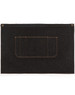 Denim half apron in dark blue with an orange-stitched pocket and a button closure. Features a logo on one side.