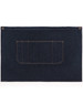 A denim half apron in dark blue, featuring a front pocket and two brass buttons.