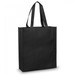 A black tote bag with two sturdy straps and a simple design, featuring a logo on one side. A black tote bag with two sturdy straps and a simple design, featuring a logo on one side.