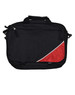 A black satchel/shoulder bag with a red accent and a logo on the front. Features two handles and a zip closure.