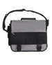 A grey and black satchel with a shoulder strap and a handle, featuring a zipper and buckle closures.