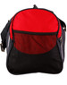 A duffle bag featuring a red top, black base, and mesh front panel, with an adjustable shoulder strap and a logo.